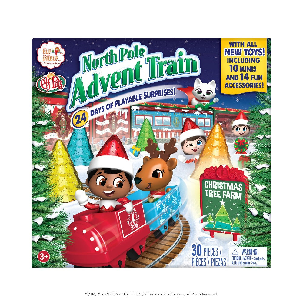 10 Scout Elf™ and Elf Pets® Minis 1 mini plastic train engine 5 mini plastic train cars Christmas Tree Farm sign 5 glittery Christmas trees 2 mini holiday gift boxes Bonus: paper play mat