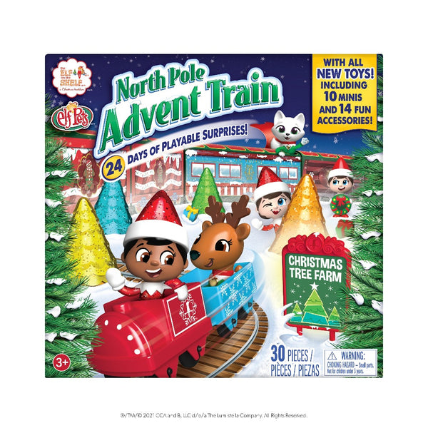 10 Scout Elf™ and Elf Pets® Minis 1 mini plastic train engine 5 mini plastic train cars Christmas Tree Farm sign 5 glittery Christmas trees 2 mini holiday gift boxes Bonus: paper play mat